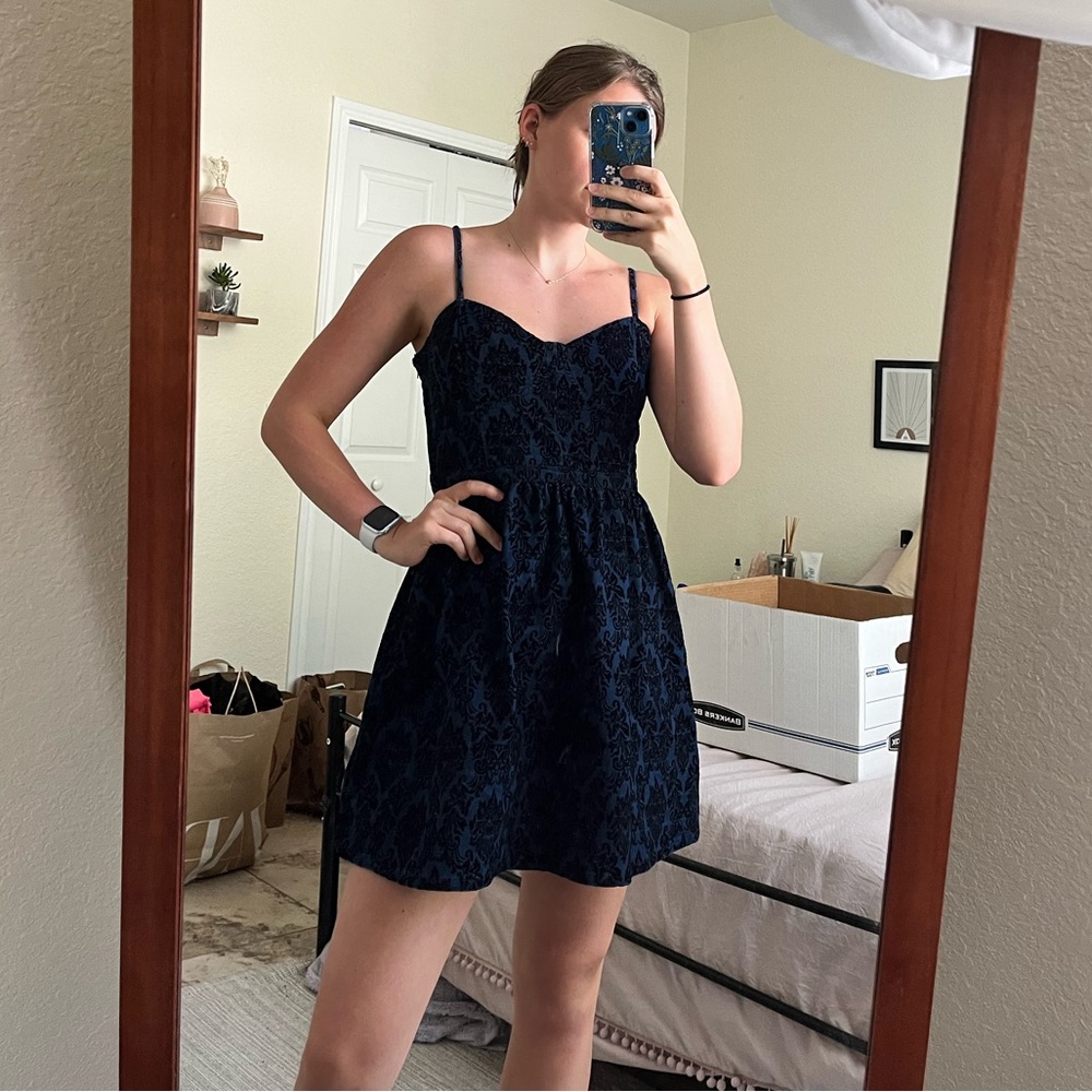 Midnight Blue and Black Velvet Paisley Print Bustier Dress